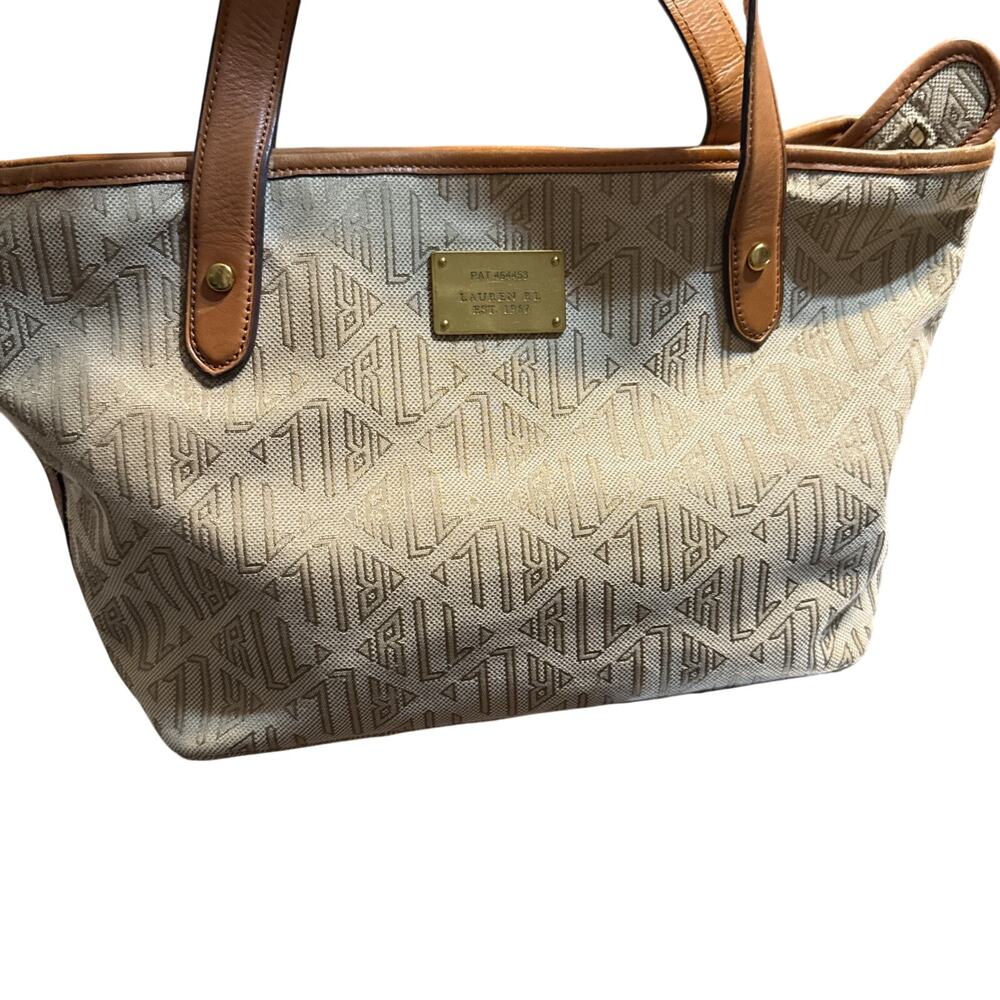 Ralph Lauren Women's Shoulder Bag Beige Leather & Nylon Monogram Pat 464453
